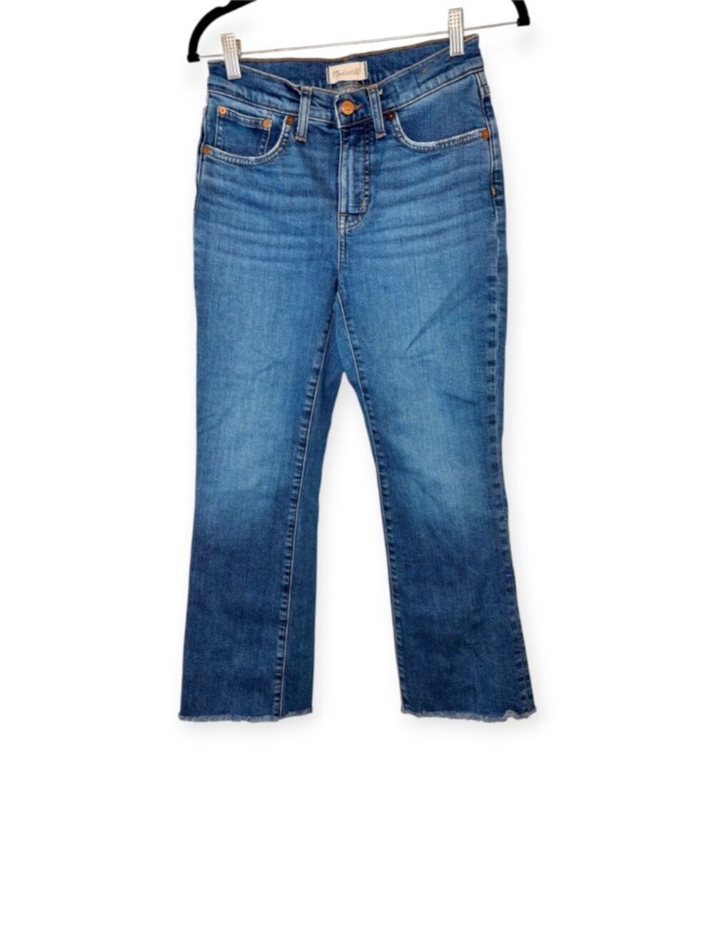 Madewell Medium Wash Mid-Rise Kick Out Crop Flare Jeans Raw Hem Size 26
